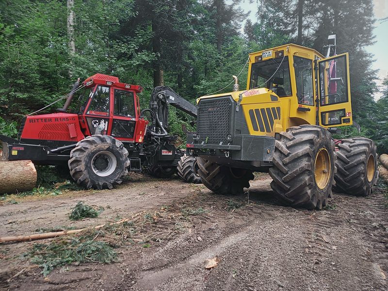 Zwei Rückemaschinen auf einem Waldweg